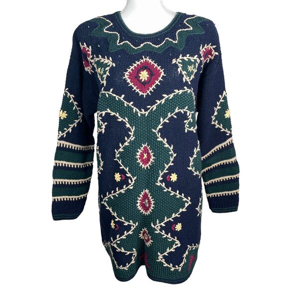 Vintage 1980 Paul Harris Design Hand Knit Tunic Sweater Embroidered Navy Green M - Picture 1 of 7